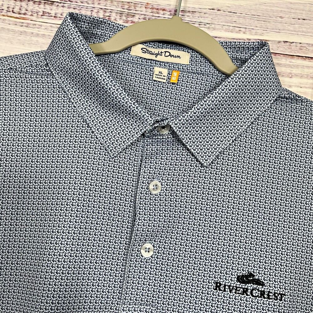 Straight Down Men's XL Polo Shirt Blue Geometric AOP Short Sleeve UPF 50 Golf